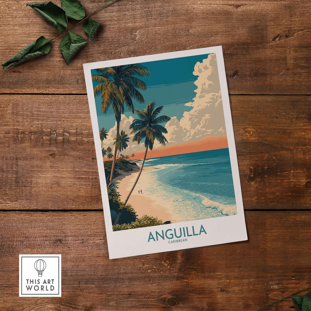 Anguilla Caribbean travel poster featuring palm trees and sandy beach with stunning blue ocean and vibrant sunset.