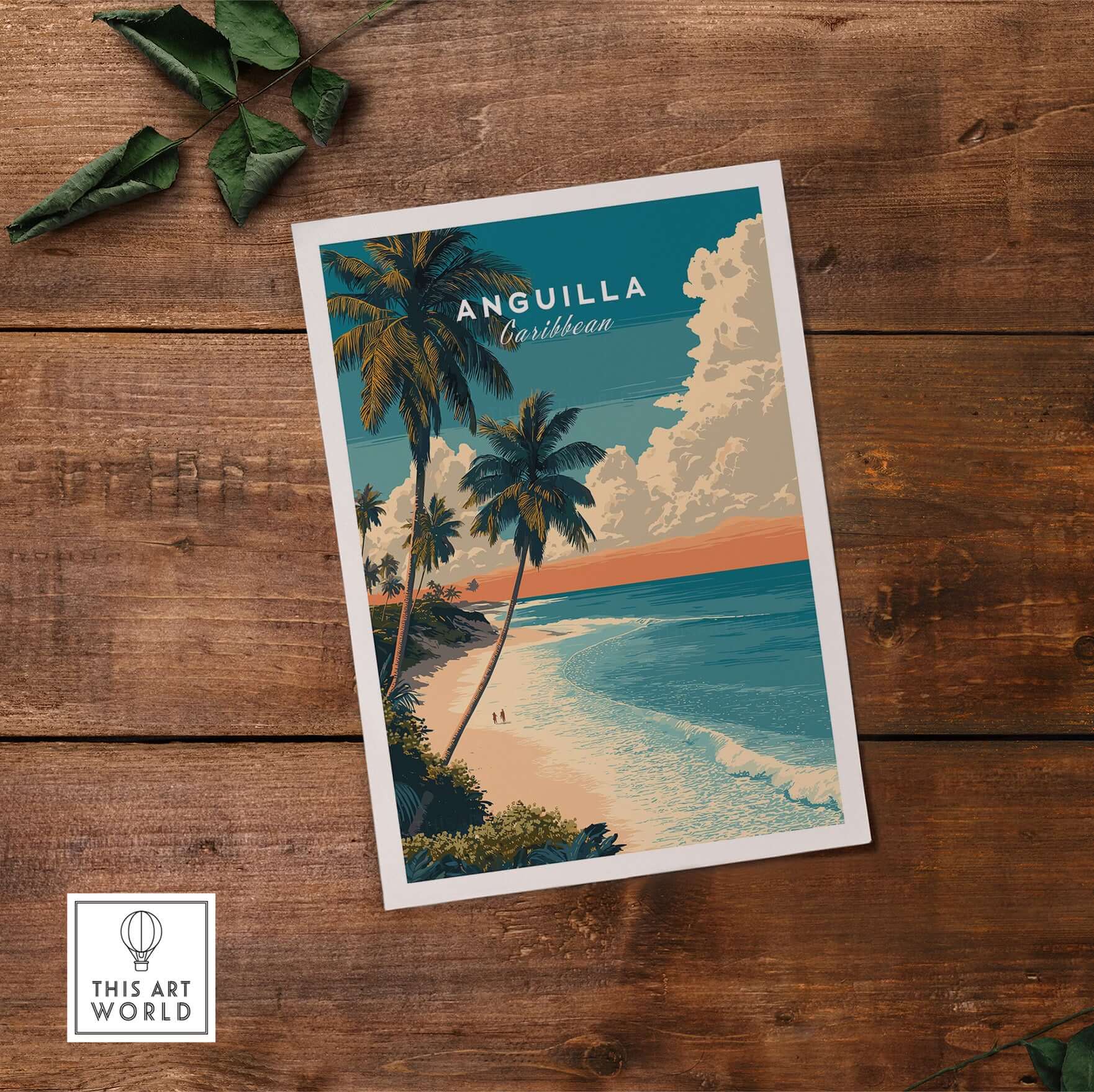 Anguilla Poster Caribbean Beach Wall Art featuring palm trees and tranquil ocean waves, perfect for tropical decor.