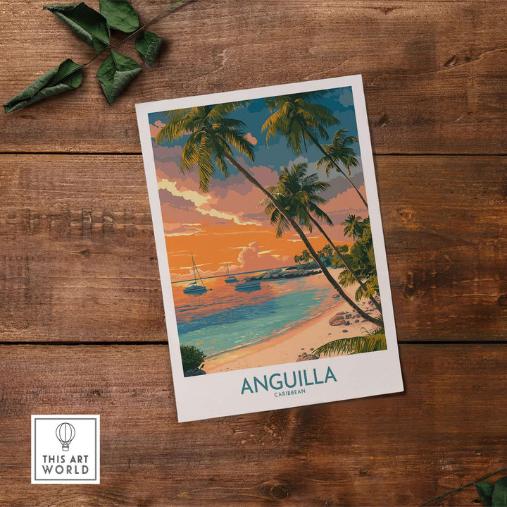 Anguilla Caribbean print showcasing a vibrant seascape with palm trees and sunset colors, perfect for tropical home decor.