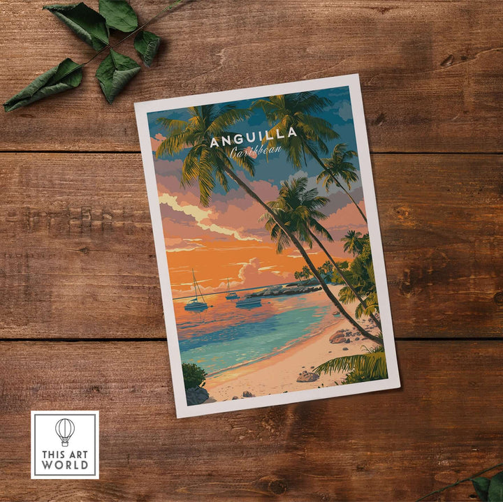 Anguilla poster featuring a vibrant Caribbean sunset beach scene with palm trees and sailboats.