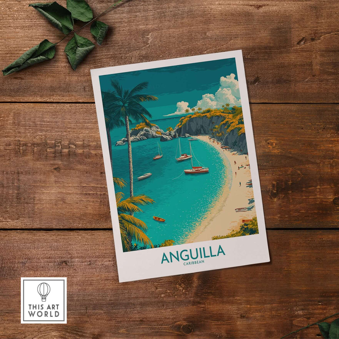 Anguilla Caribbean beach poster featuring turquoise waters and lush palms, perfect for tropical home decor.