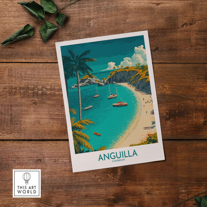 Anguilla Caribbean beach poster featuring turquoise waters and lush palms, perfect for tropical home decor.