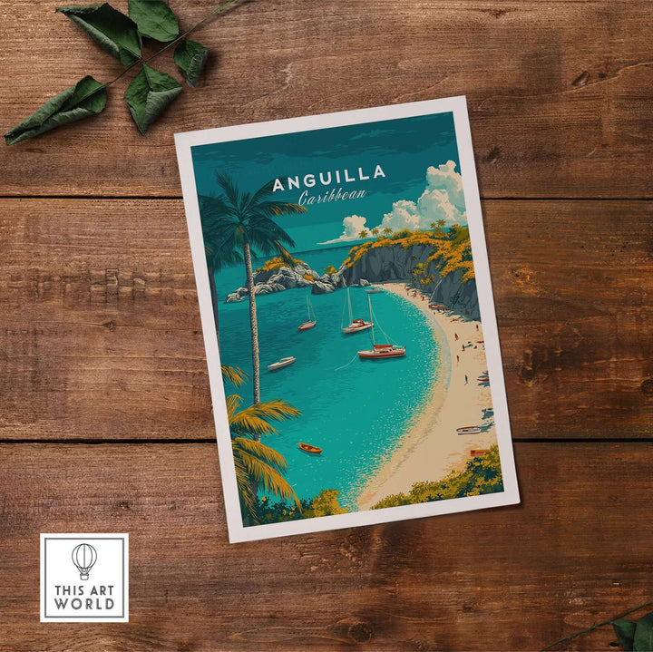 Anguilla travel poster featuring tropical beach and boats, showcasing Caribbean scenery and vibrant colors.
