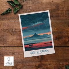 Isle of Arran Poster Scotland Coastal Seascape - Isle of Arran Travel Print on wooden background