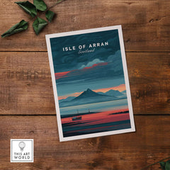 Isle of Arran Print Scotland Mountain Sunset - Dramatic Scottish Landscape Art displayed on wooden background.