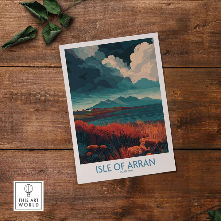 Isle of Arran poster showcasing a stormy sky landscape over rugged terrain in Scotland, vibrant colors and atmospheric design.