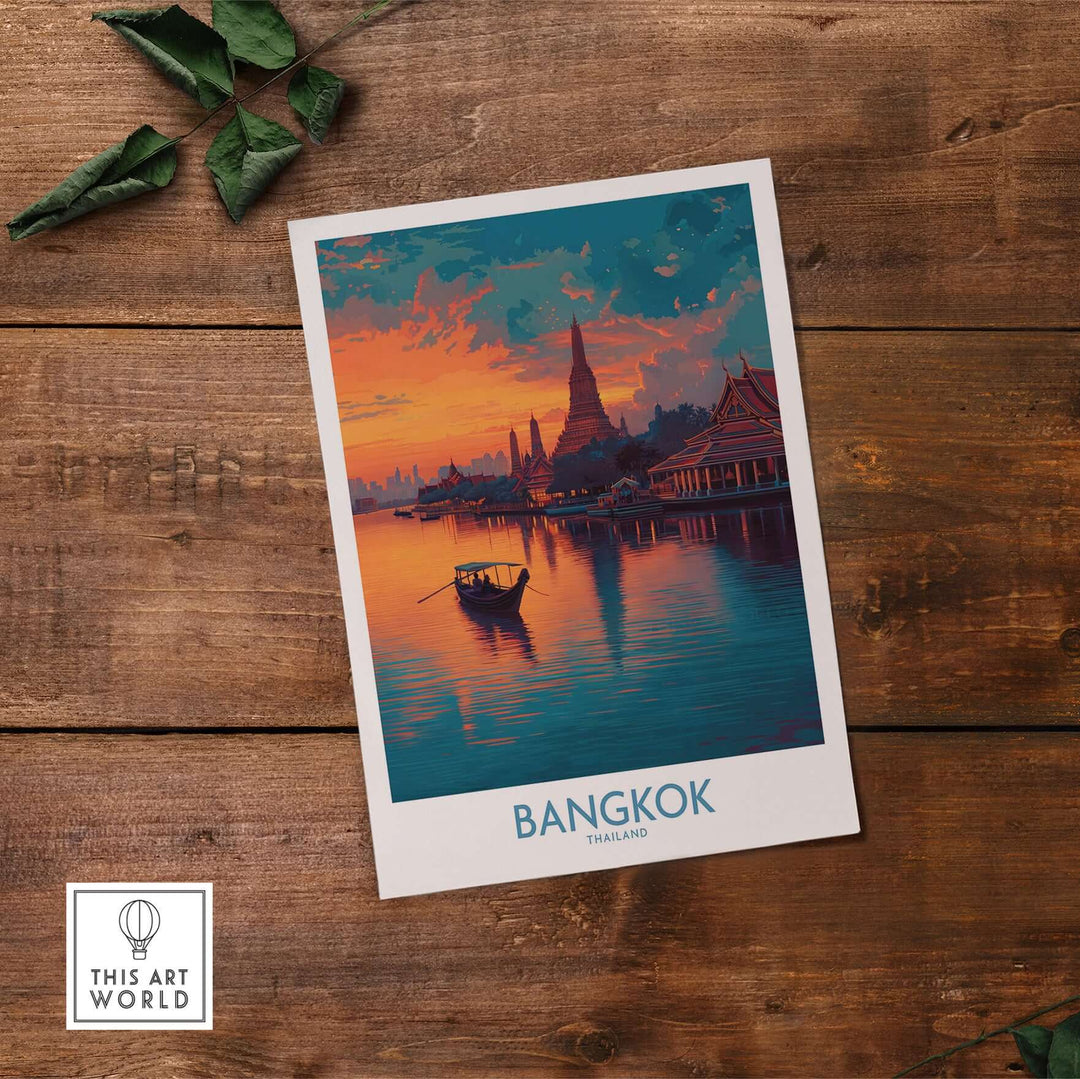 Bangkok poster showcasing a tranquil riverboat at dusk, featuring Thai landmarks and a vibrant evening sky.