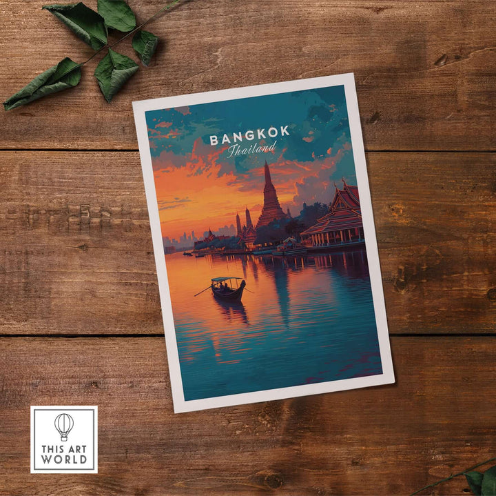 Bangkok Thailand sunset reflection print featuring Wat Arun and peaceful water scenery, perfect wall art.