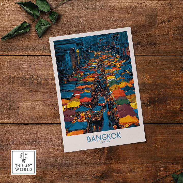 Bangkok Thailand market vendors wall art featuring vibrant colors and lively market scene on wooden background.