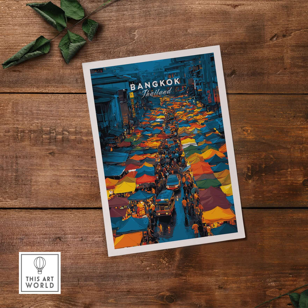 Overhead poster of Bangkok Thailand night market, vibrant stalls and bustling street scene, perfect for art enthusiasts.
