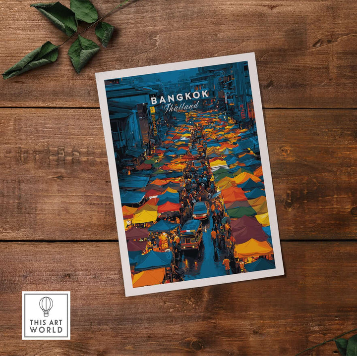 Overhead poster of Bangkok Thailand night market, vibrant stalls and bustling street scene, perfect for art enthusiasts.