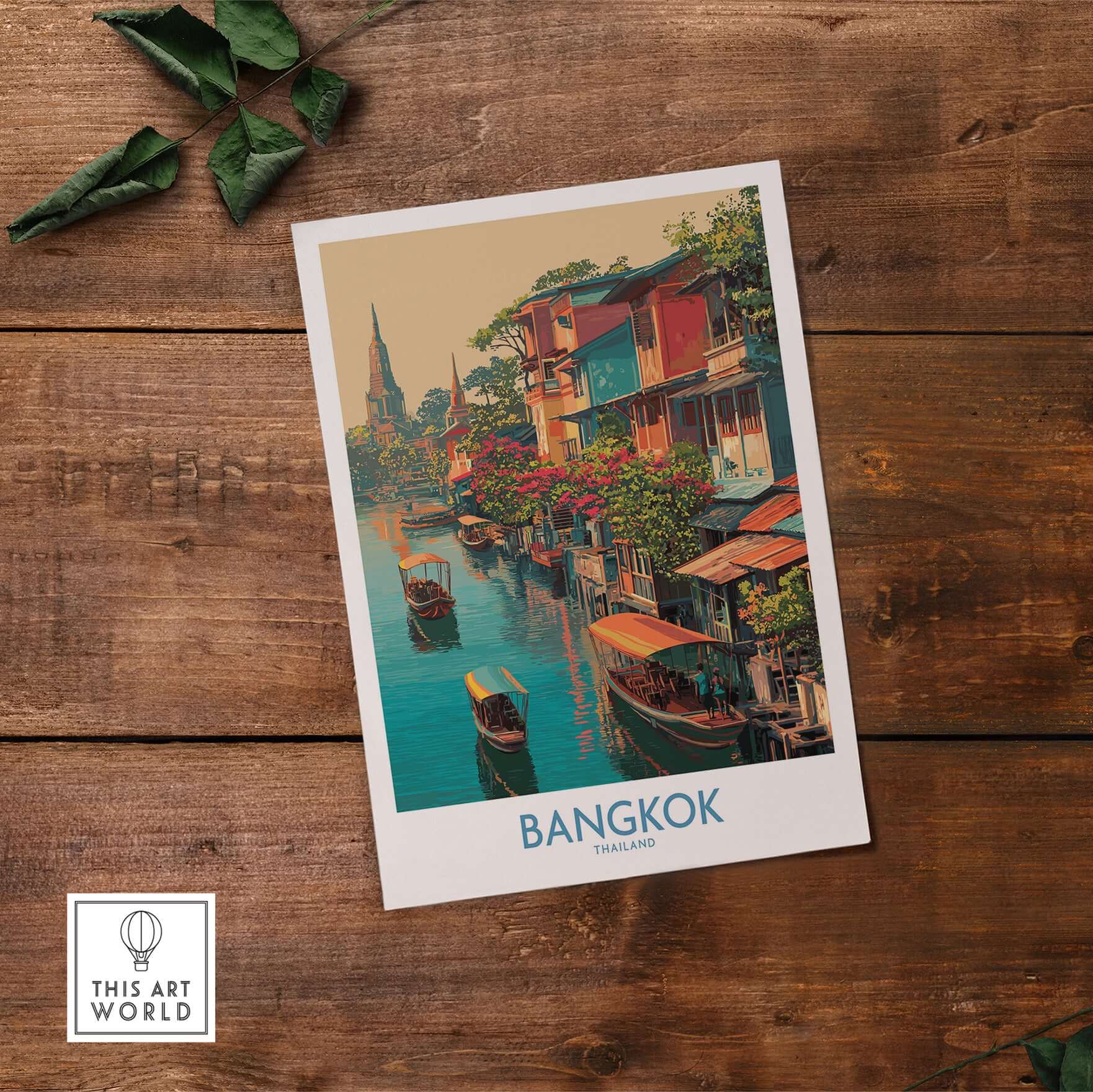 Bangkok Thailand Poster - Floating Market Travel Print featuring colorful boats on serene waters.