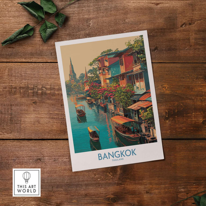 Bangkok Thailand poster showcasing vibrant floating market scene with boats on scenic waterways