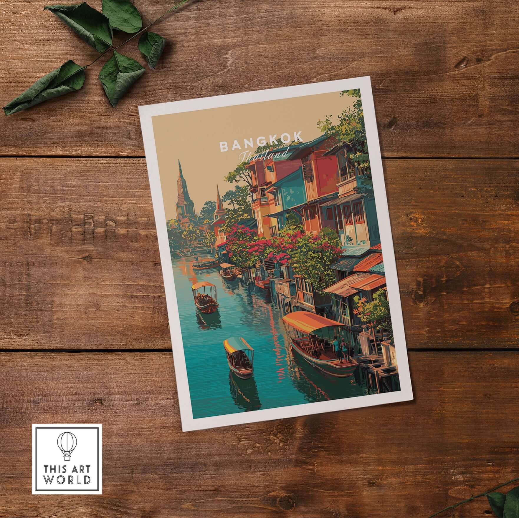 Bangkok Thailand Klong Canal Houses Print - Traditional Thai Village Wall Art on a rustic wooden table.