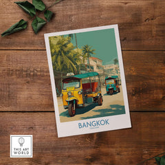 Bangkok Thailand Iconic Tuk Tuks Print - Vibrant Thai Travel Poster showcasing colorful tuk tuks on city street.