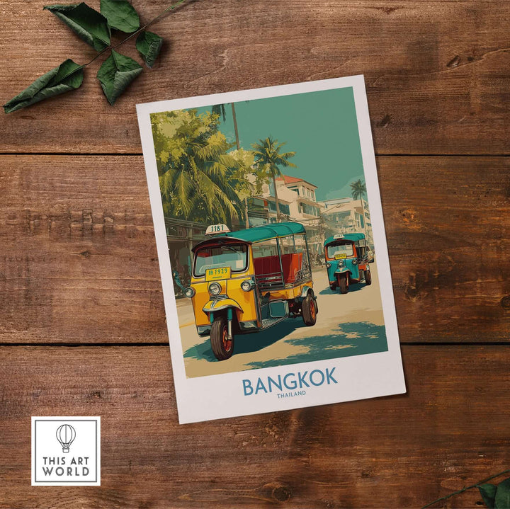Vibrant Bangkok tuk tuks print showcasing Thailand's lively streets and culture, perfect for travel decor.