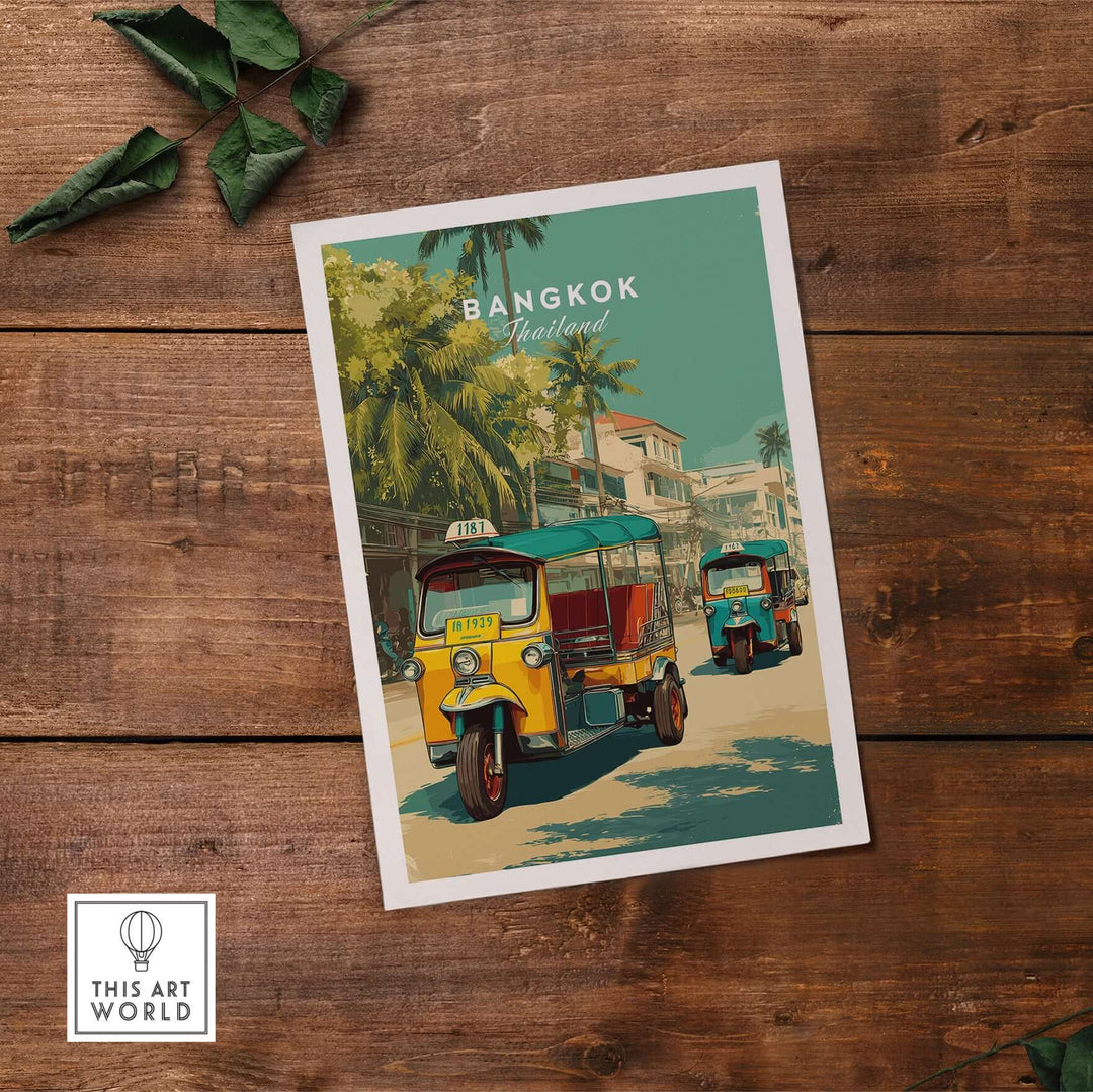 Bangkok Thailand tuk tuk poster depicting vibrant city street life and authentic culture in wall art.