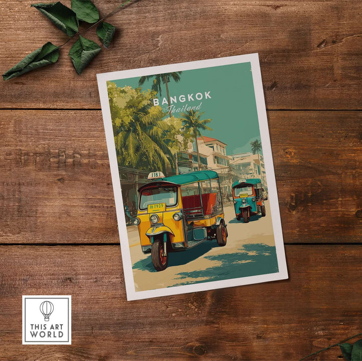 Bangkok Thailand tuk tuk poster depicting vibrant city street life and authentic culture in wall art.