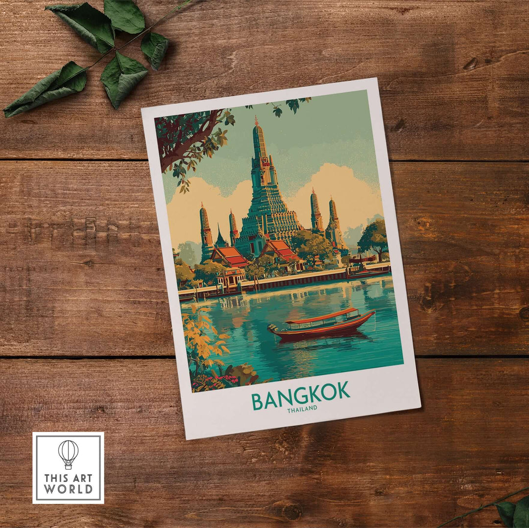 Bangkok temple travel print showcasing vibrant architecture and serene waters, perfect for home decor.