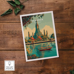 Bangkok Poster Thailand Wat Arun River Scene Print - Grand Temple Wall Art on wooden surface with greenery.