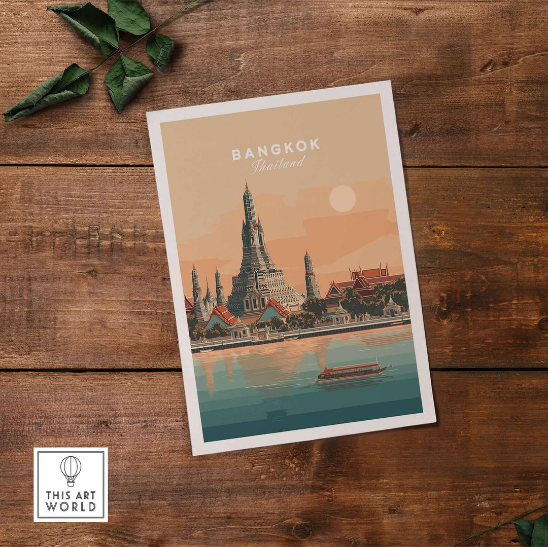 Bangkok print featuring Wat Arun Temple along the Chao Phraya River, showcasing Thailand's cultural heritage.