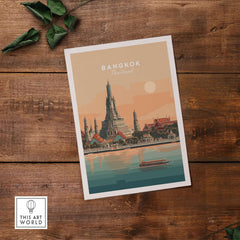 Bangkok Print Thailand Wat Arun Temple - Chao Phraya River Wall Art showcasing an illustrated temple view.