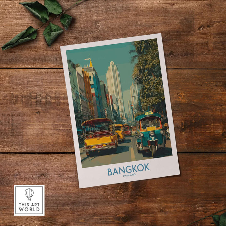 Bangkok wall art print showcasing vibrant street scenes and tuk tuks, capturing the lively energy of Thailand's capital.
