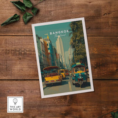 Bangkok Thailand Poster Tuk Tuk Street Scene - Thai Print displayed on a wooden background.