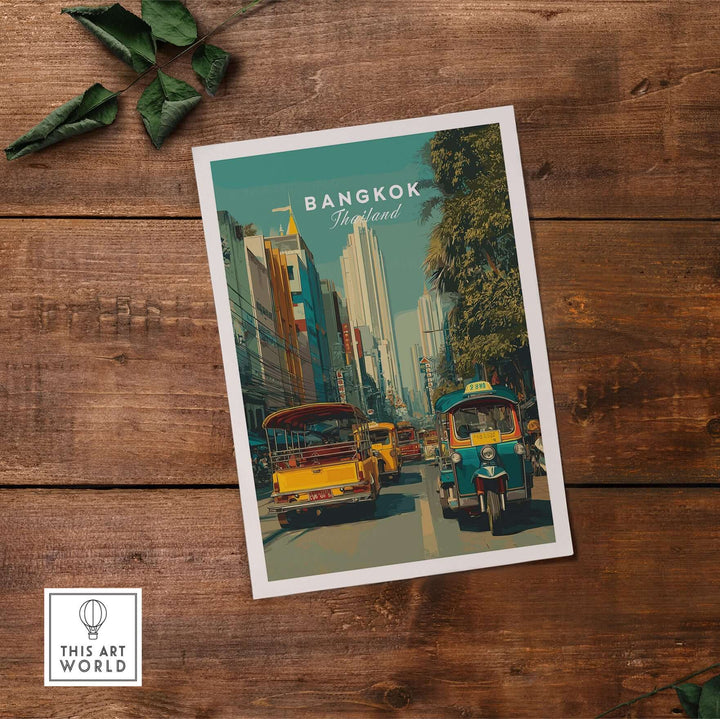 Bangkok Thailand poster featuring a tuk tuk street scene, vibrant urban life print on wooden background.