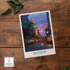 Bangkok Thailand Neon Lights Wall Art - Thai Artwork showcasing the vibrant neon streets of Bangkok at dusk.
