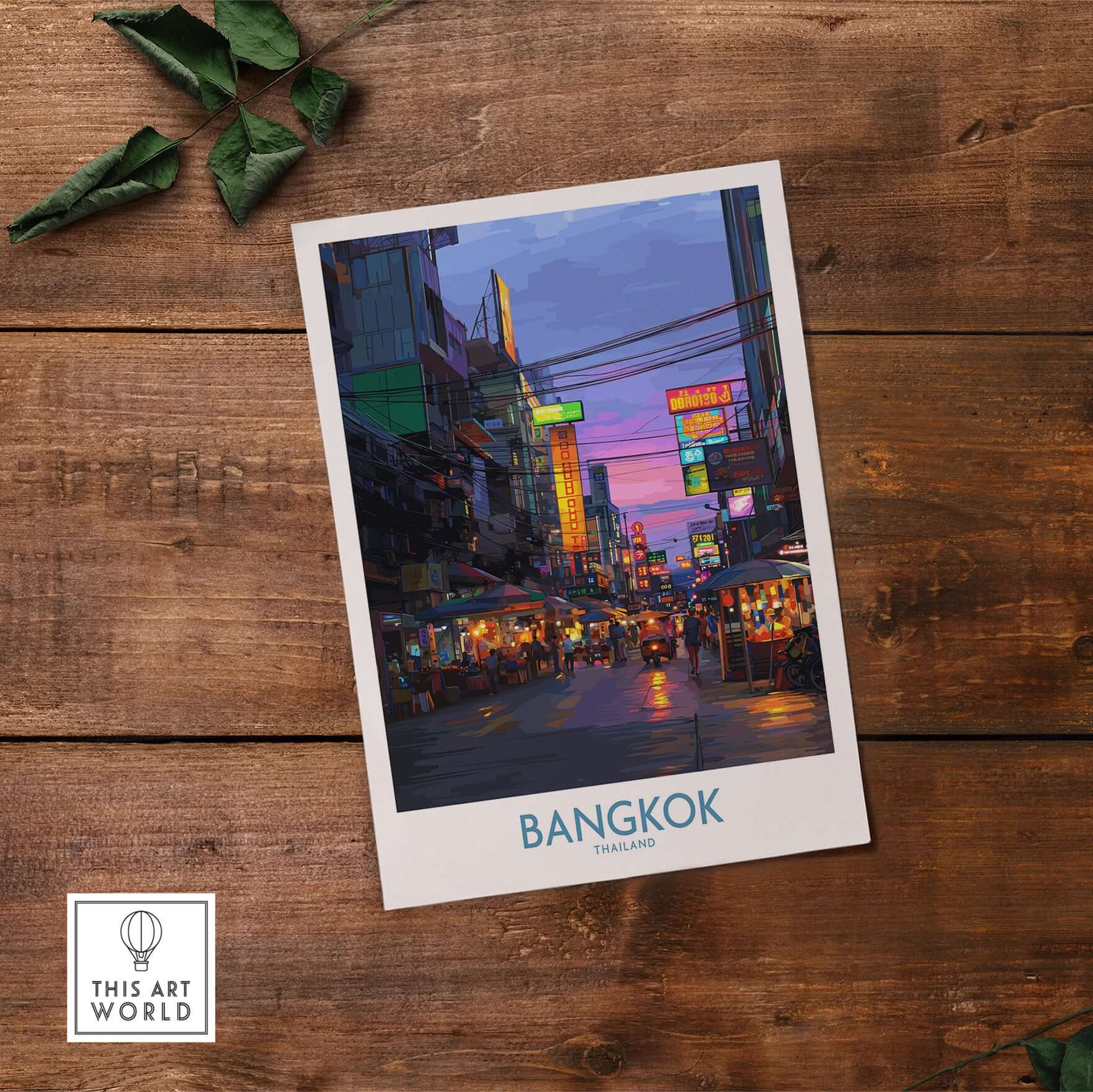 Bangkok Thailand Neon Lights Wall Art - Thai Artwork showcasing the vibrant neon streets of Bangkok at dusk.