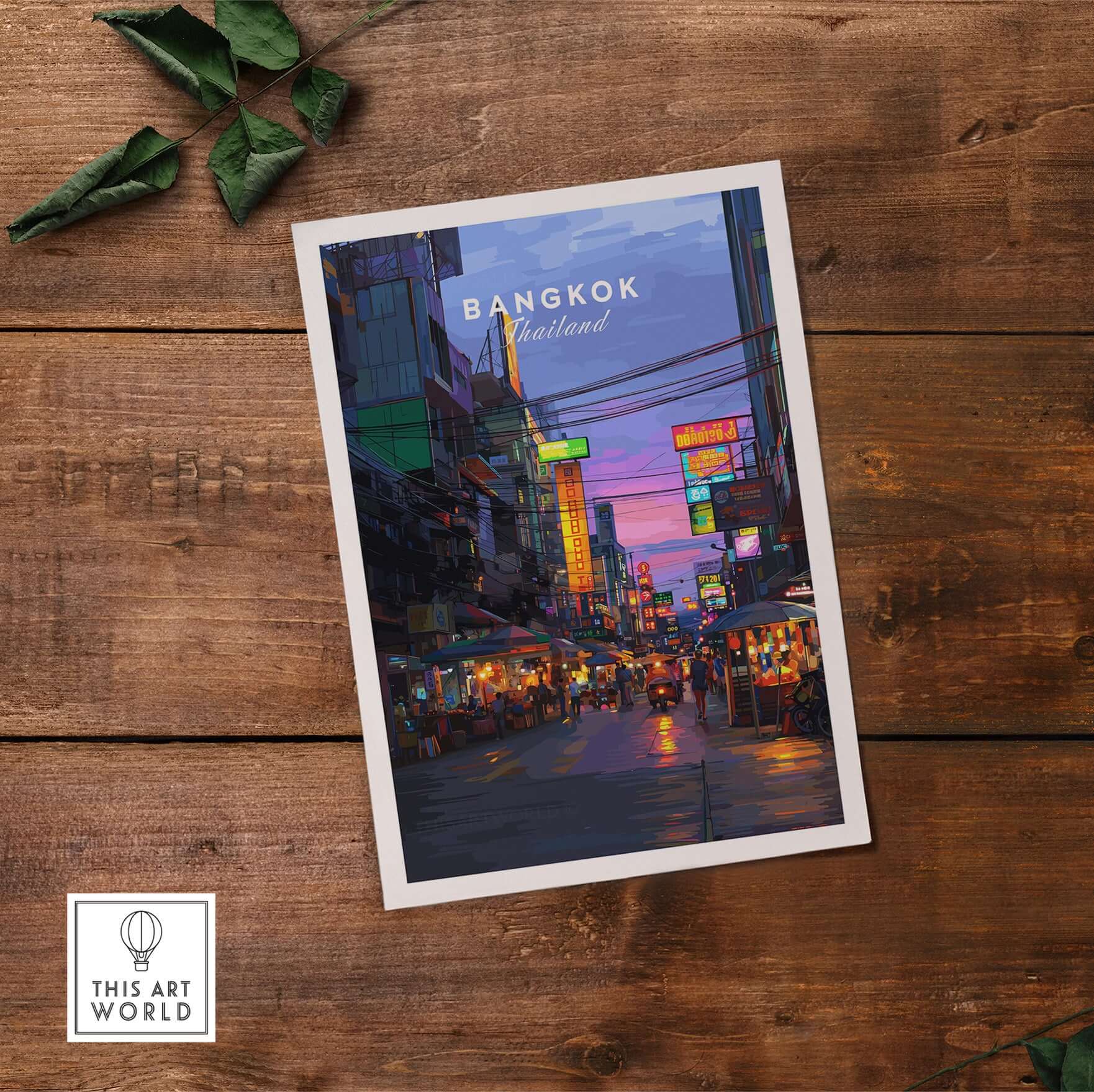 Bangkok Thailand Print Night Market Street -Thai Cityscape Poster showcasing vibrant market at dusk.