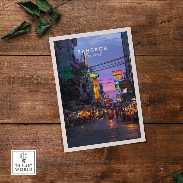 Bangkok Thailand night market print showcasing vibrant street life and colorful cityscape art.