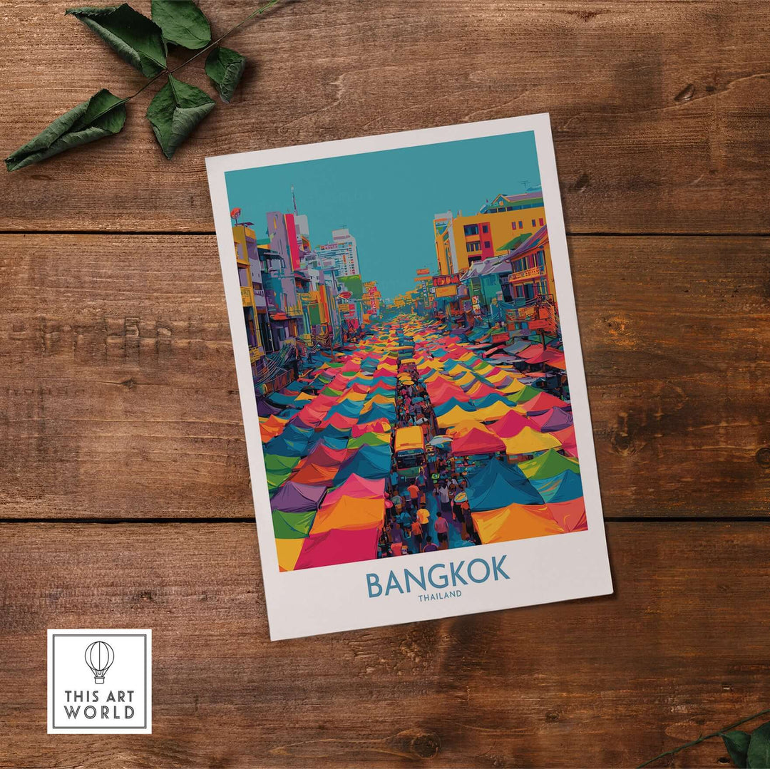 Colorful illustration of Bangkok market wall art poster featuring vibrant tents and cityscape.
