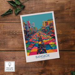 Bangkok Thailand Wall Art - Thai Market Poster Illustration featuring vibrant market scene with colorful tents.