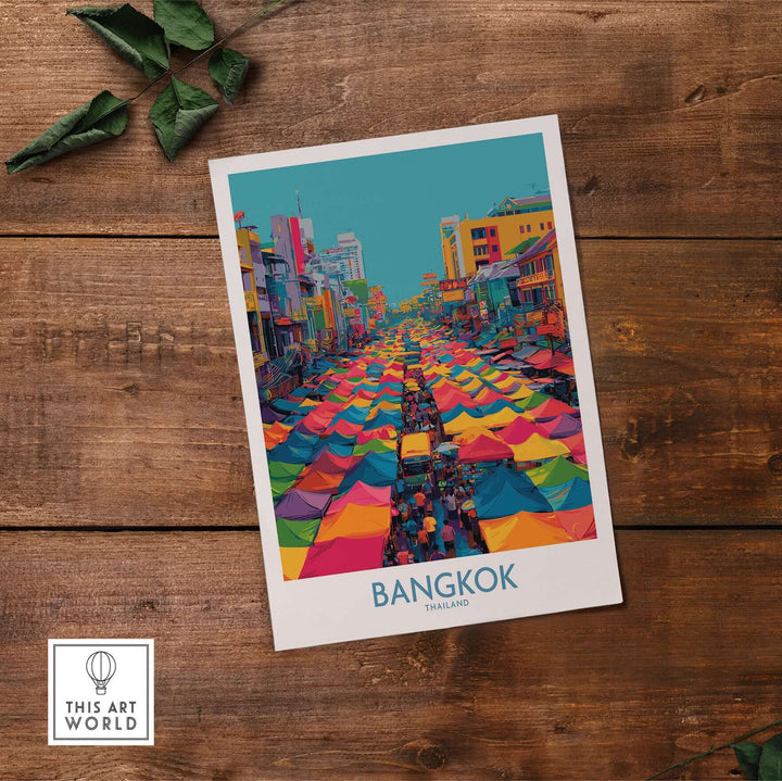 Colorful illustration of Bangkok market wall art poster featuring vibrant tents and cityscape.