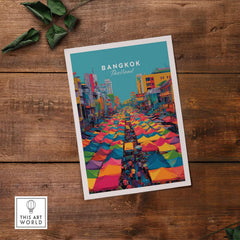 Bangkok Thailand Poster Colorful Market Tents - Vibrant Street Market Print showcasing lively market tents in vibrant colors.