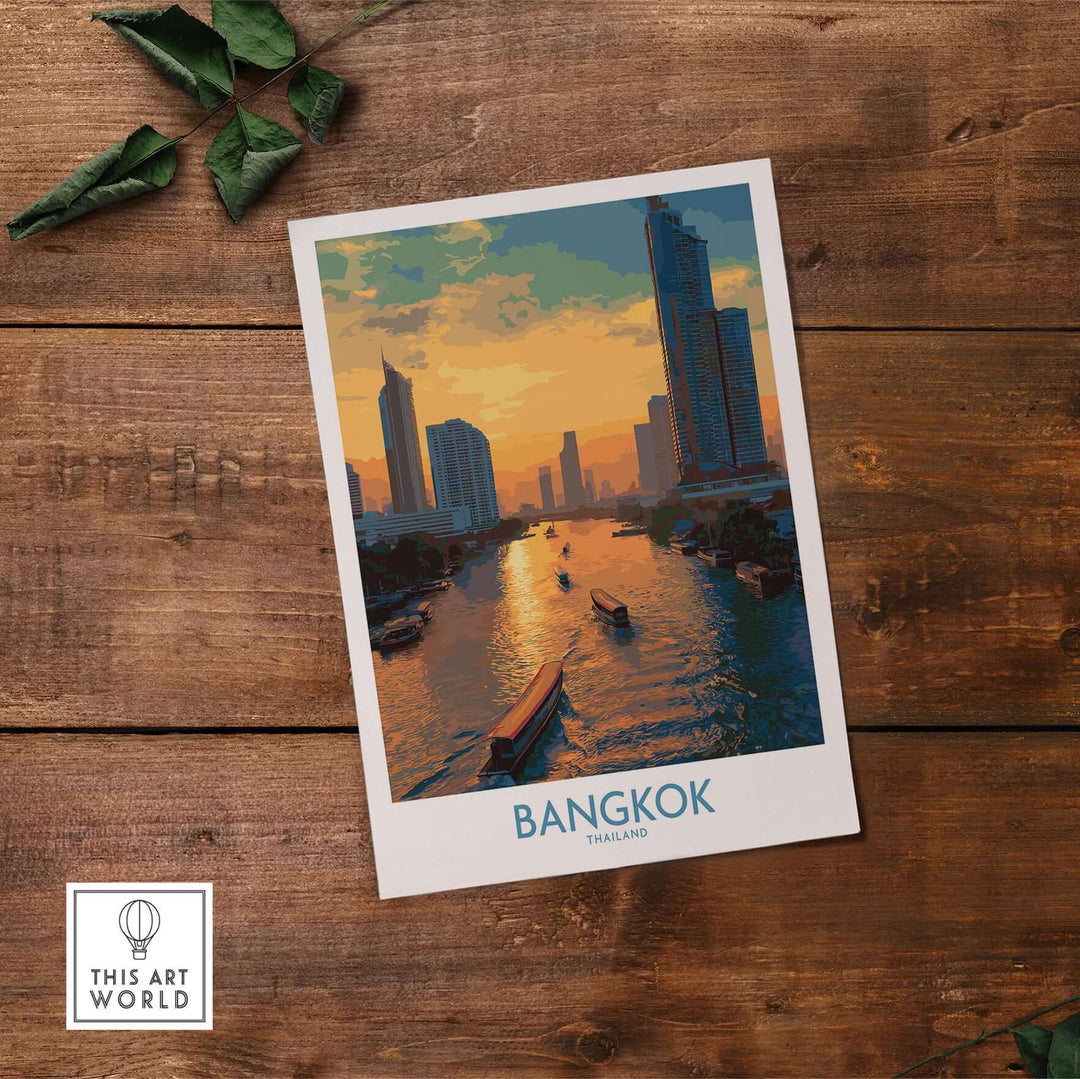 Bangkok urban waterfront wall art showcasing a sunset cityscape, perfect for home decor.