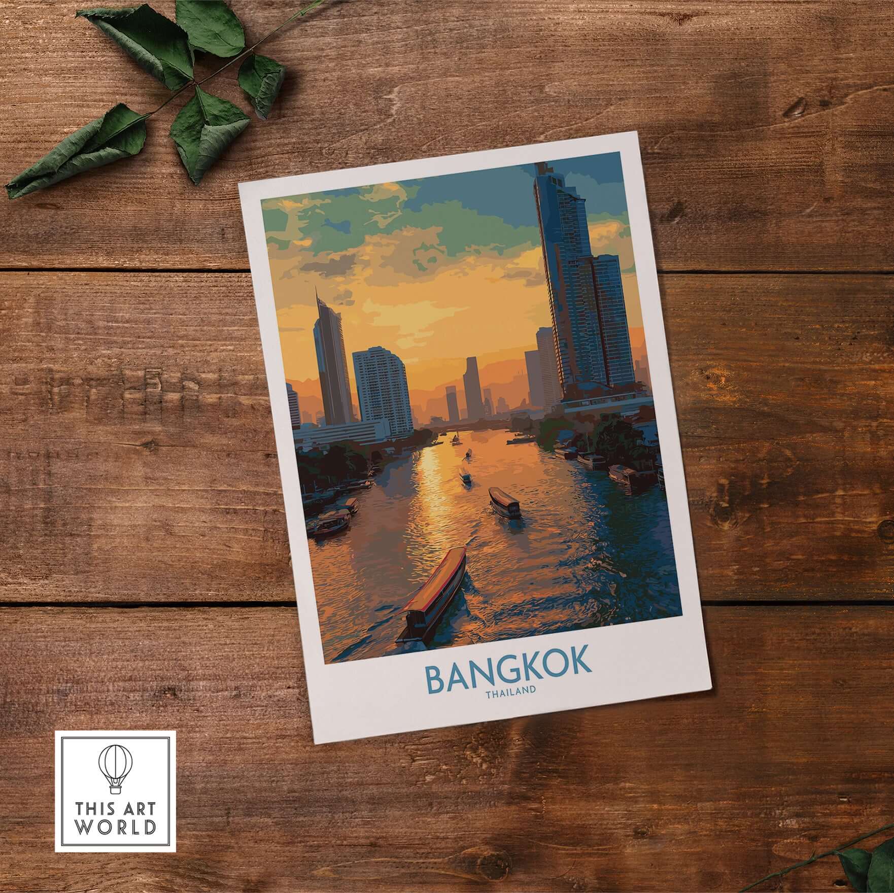 Bangkok Thailand Urban Waterfront Wall Art - Bangkok Cityscape Decor showcasing vibrant sunset over city skyline and river.