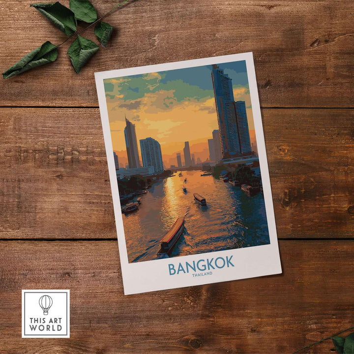Bangkok urban waterfront wall art showcasing a sunset cityscape, perfect for home decor.