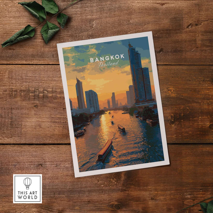 Bangkok Thailand river boats skyline print at sunset, showcasing the serene Chao Phraya River ambiance.