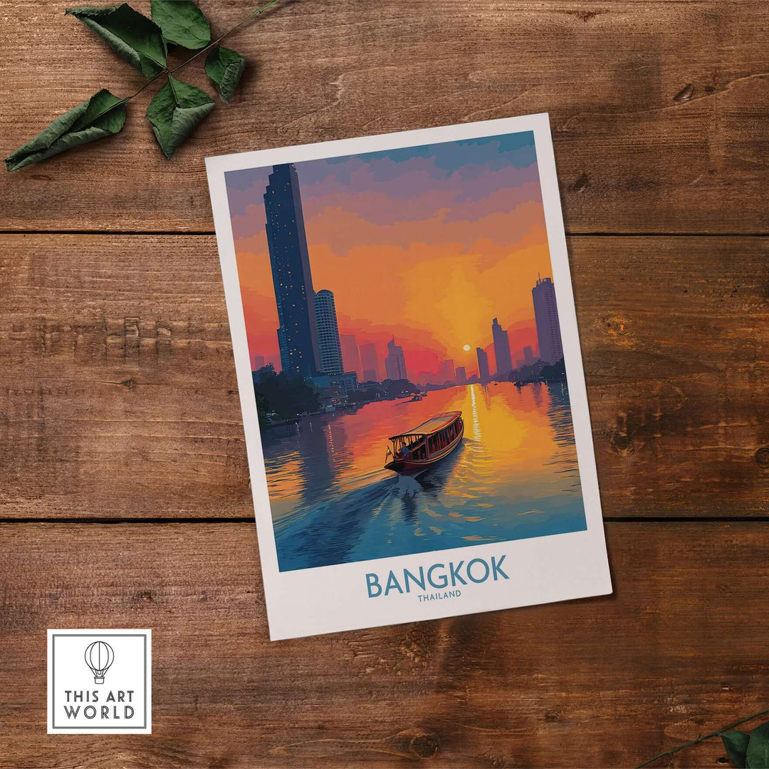 Bangkok wall art featuring a serene Thai river scene at golden hour, capturing vibrant colors and tranquility.
