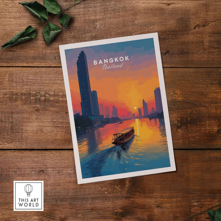Bangkok sunset poster featuring longtail boat against city skyline, vibrant colors and cultural essence of Thailand.