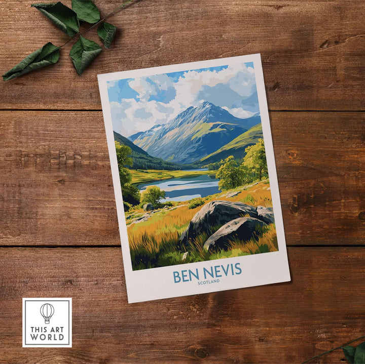 Ben Nevis poster showcasing Scotland's iconic peak with lush valleys and serene lakes, perfect for travel decor.