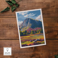 Ben Nevis Print Scotland Colorful Valley - Vibrant Mountain Scenery Poster displayed on wooden surface.