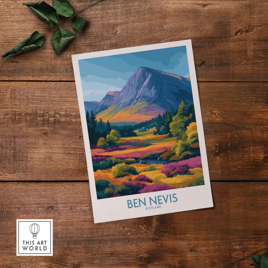 Illustration of Ben Nevis in Scotland with vibrant heather fields and majestic peaks, perfect for nature lovers.
