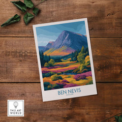 Ben Nevis Scotland Print Heather Fields Landscape - Scottish Peaks Illustration showcasing vibrant heather fields and majestic mountains.
