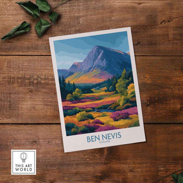 Illustration of Ben Nevis in Scotland with vibrant heather fields and majestic peaks, perfect for nature lovers.