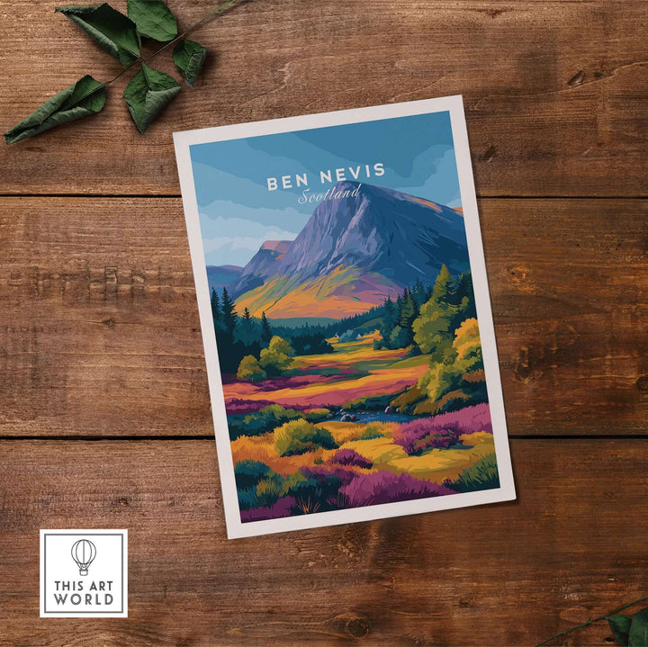 Ben Nevis Scotland poster featuring vibrant autumn colors and mountain view, perfect for home wall art.