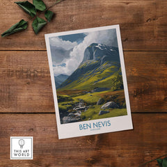 Ben Nevis Scotland Wall Art Hillside Panorama - Nature Travel Decor displayed on wooden surface with lush green landscape.